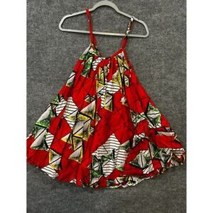 Handmade Traditional African Spaghetti Strap Blouse Red Geometric Pattern L/XL